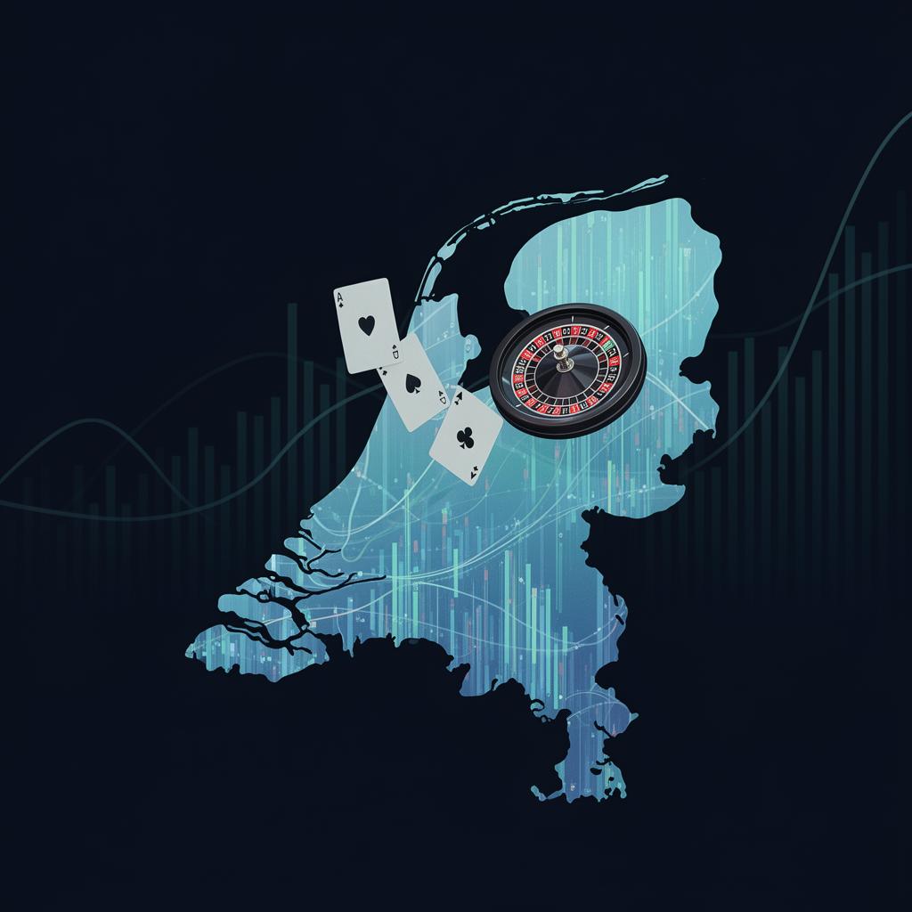 Stilistische kaart van Nederland met data-curves, speelkaarten en een roulettewiel als visualisatie van de Nederlandse online kansspelmarkt
